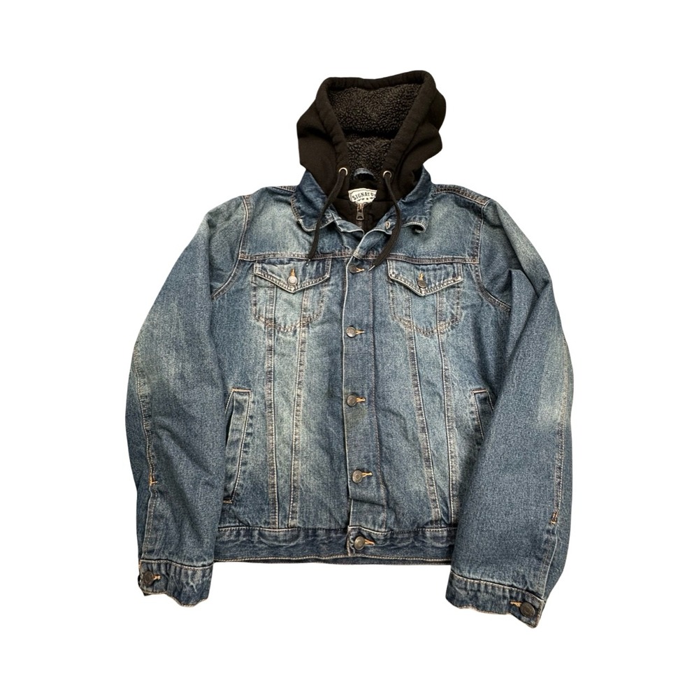 Signature Levi Strauss Jacket Mens M Blue Denim Hooded Fleece Lined Trucker Coat
